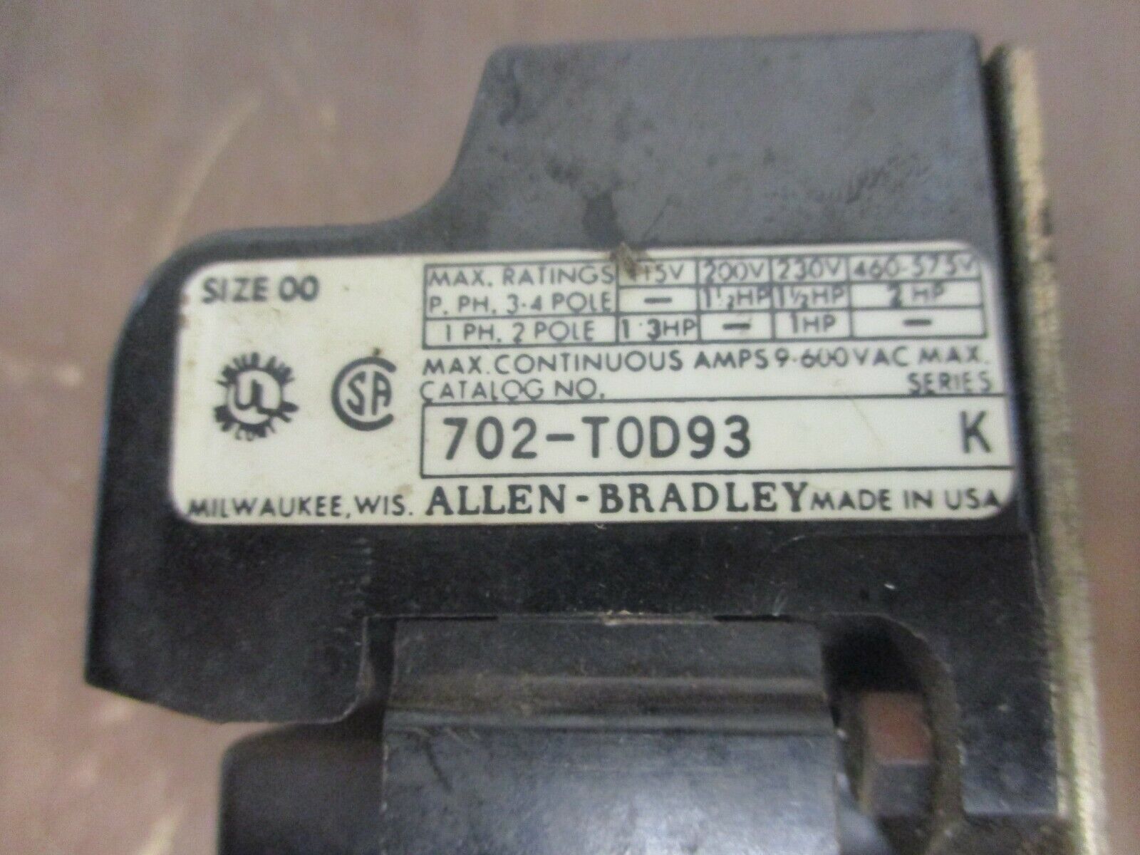 Allen-Bradley Size 00 Starter 702-TOD93 Ser. K 115-120V Coil 9A 600V Used