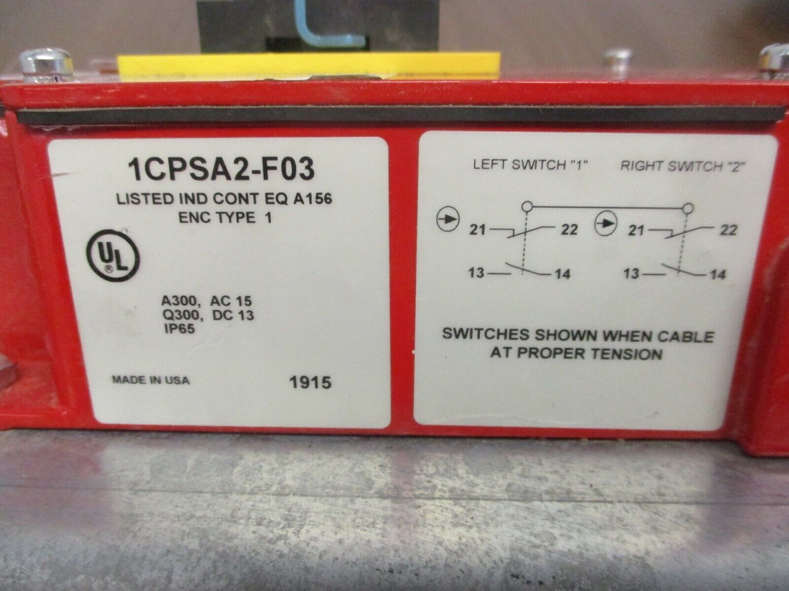 Honeywell Micro Switch Cable Pull Switch 1CPSA2-F03 w/ Mounting Plate Used