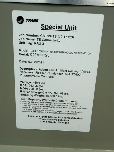 Trane Rooftop Unit SKHJ10540A, 105 Ton No Heat MFD 2020 460V