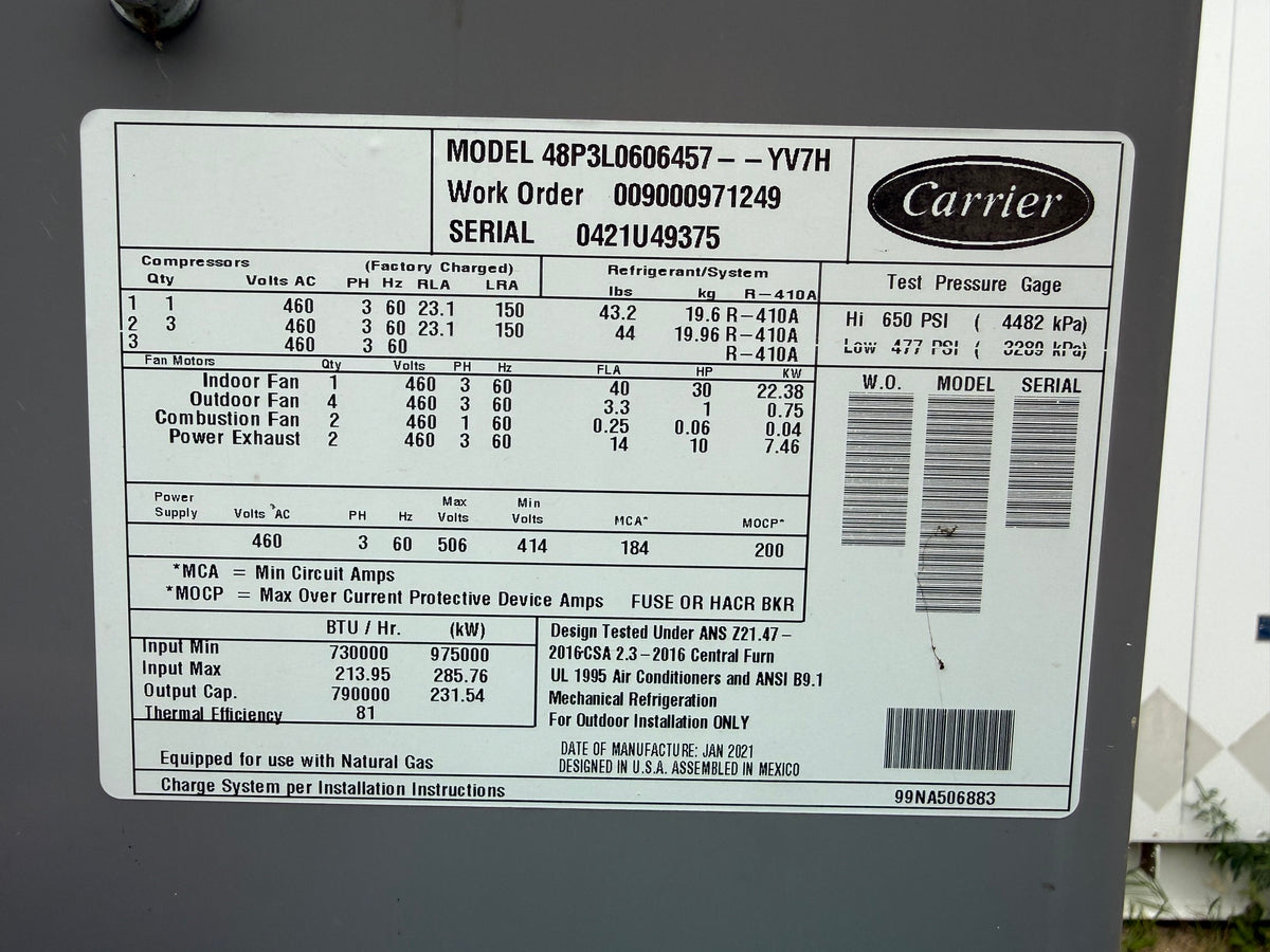 Carrier 48P Rooftop unit 60 Ton, 480V MFD 2021 Natural Gas Heat