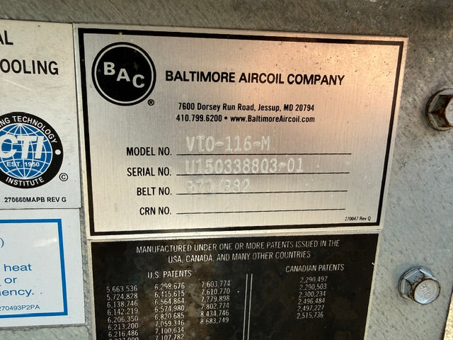 BAC Cooling Tower VT0-116-M 116 Ton MFD 2015 Used