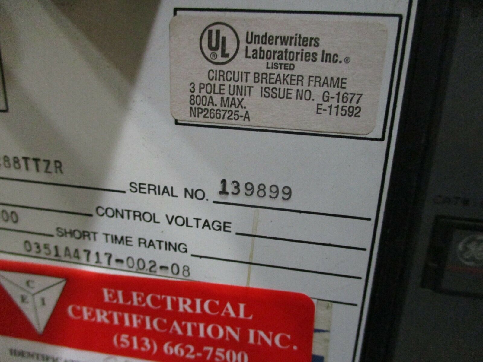 GE Power Break Circuit Breaker THC88TTZR 800A Rating Plug w/ Trip Used
