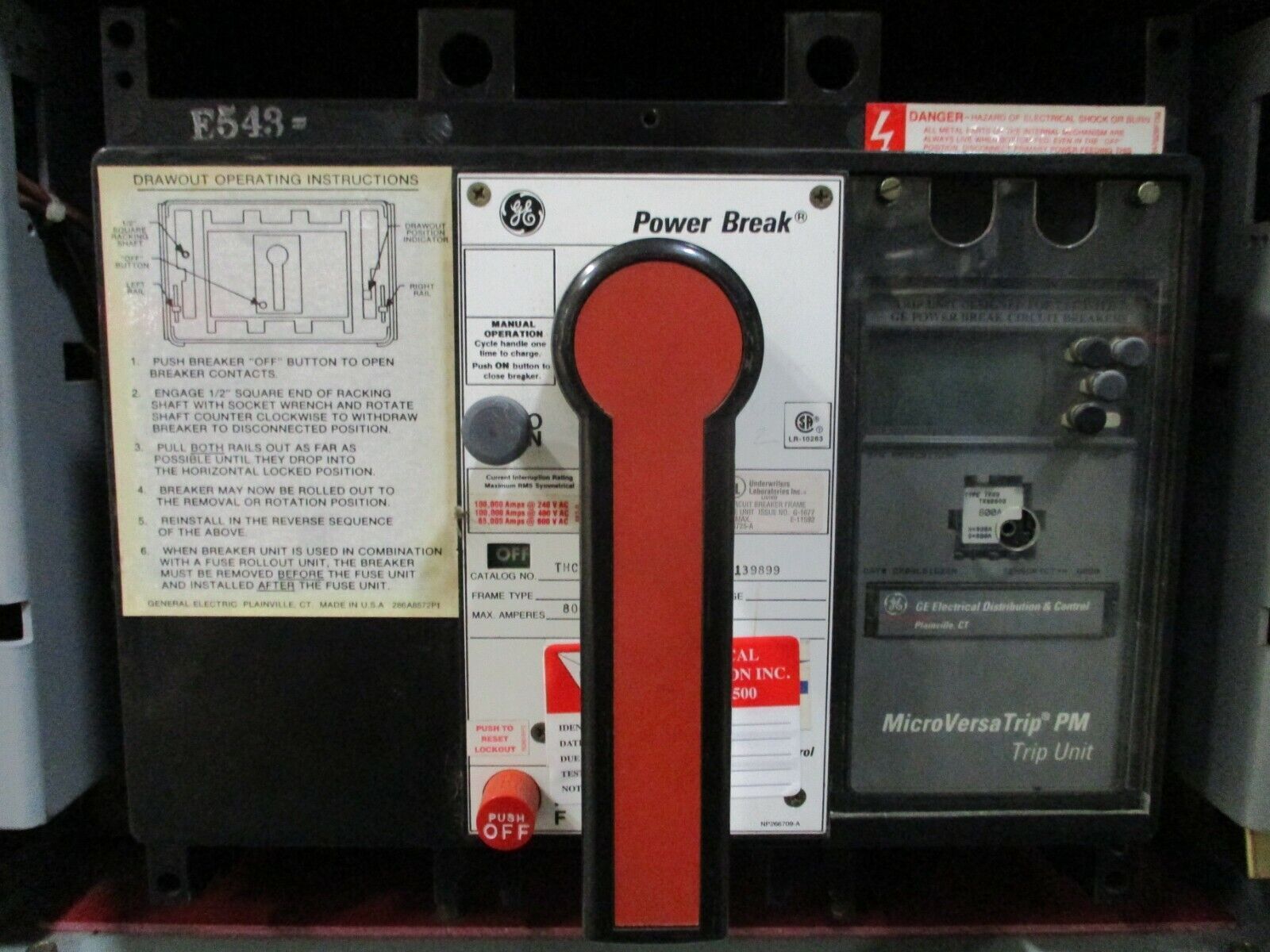 GE Power Break Circuit Breaker THC88TTZR 800A Rating Plug w/ Trip Used