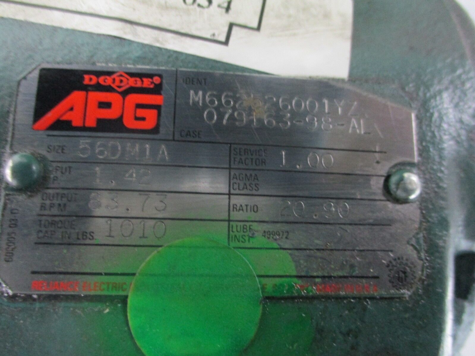 Dodge Gear M662526001YZ Size: 56DM1A 1.42HP In 83.73RPM Out Ratio: 20.90 Used