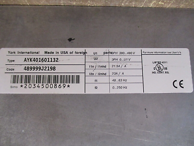 York AC Drive AYK401601132 15HP 3Ph w/ Keypad *Broken Cover & Keypad Mount* Used