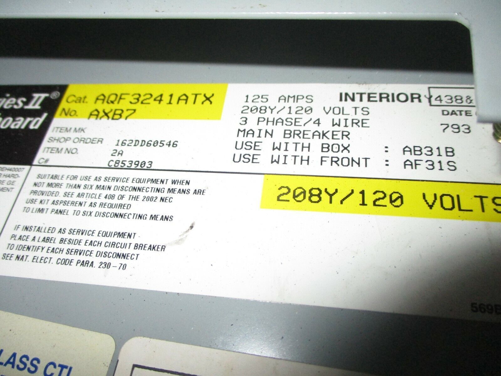 GE Main Breaker Circuit Breaker Panel AQF3241ATX 100A Main 125A Max 208Y/120V