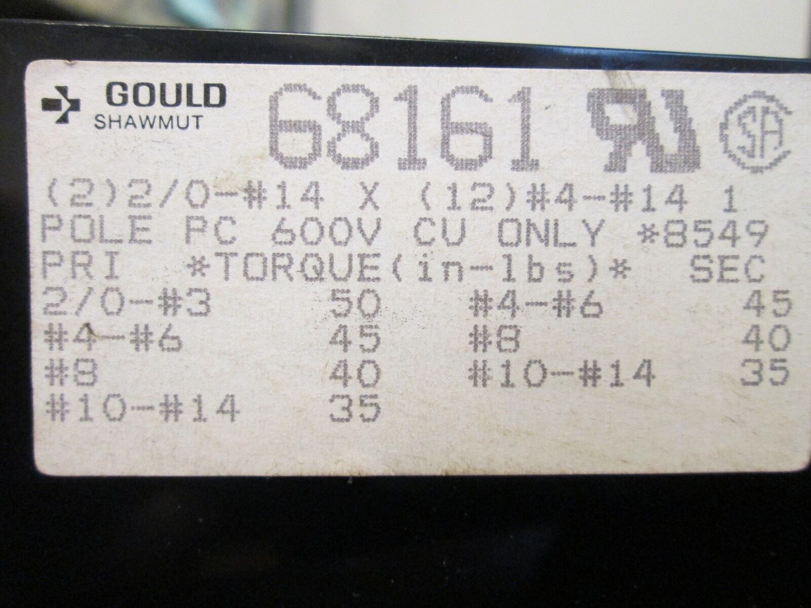 Ferraz Shawmut/Gould Terminal Block 68161 Line:(2) 2/0-#14 Load:(12) #4-#14 Used