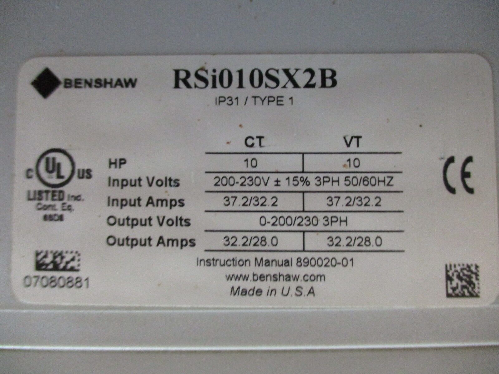 Benshaw RSi SX Sensorless Vector AC Drive RSi010SX2B 10HP 3Ph w/ Keypad Used