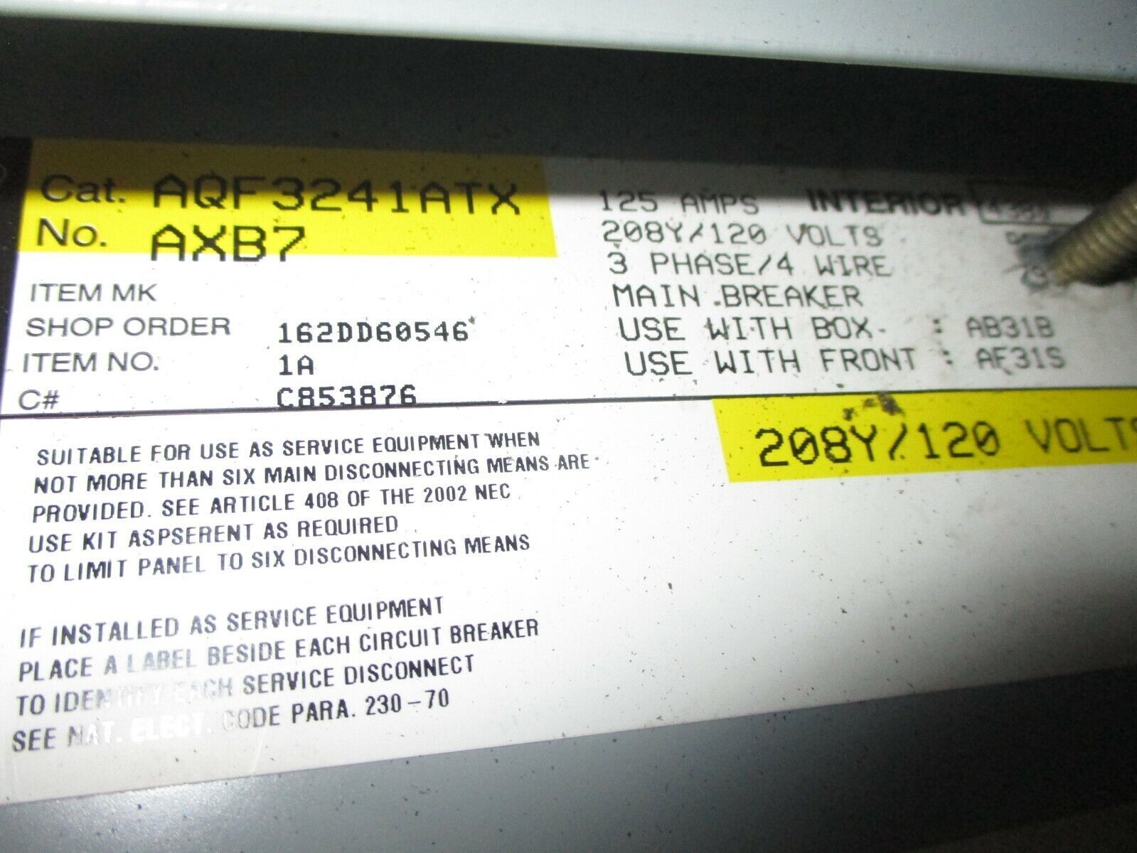 GE Main Breaker Circuit Breaker Panel AQF3241ATX 100A Main 125A Max 208Y/120V