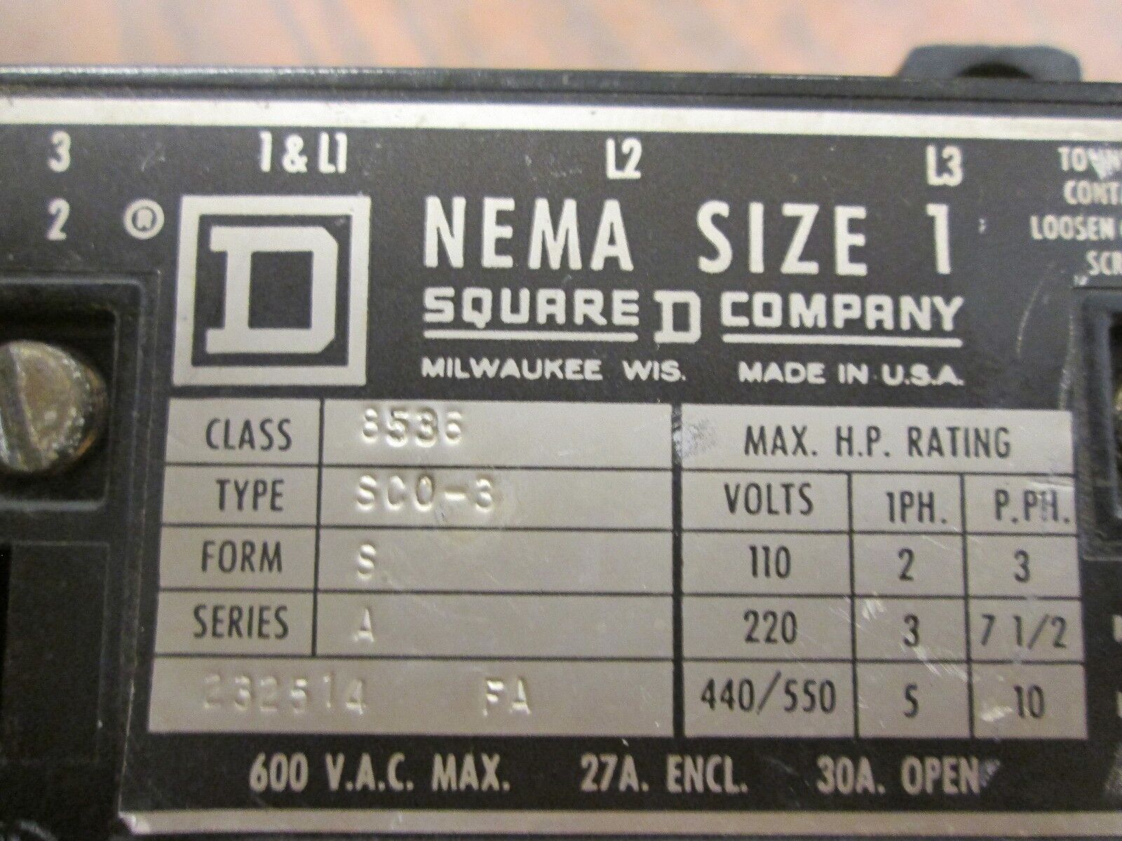 Square D Contactor 8536 SCO-3 120V Coil 600V 30A Used