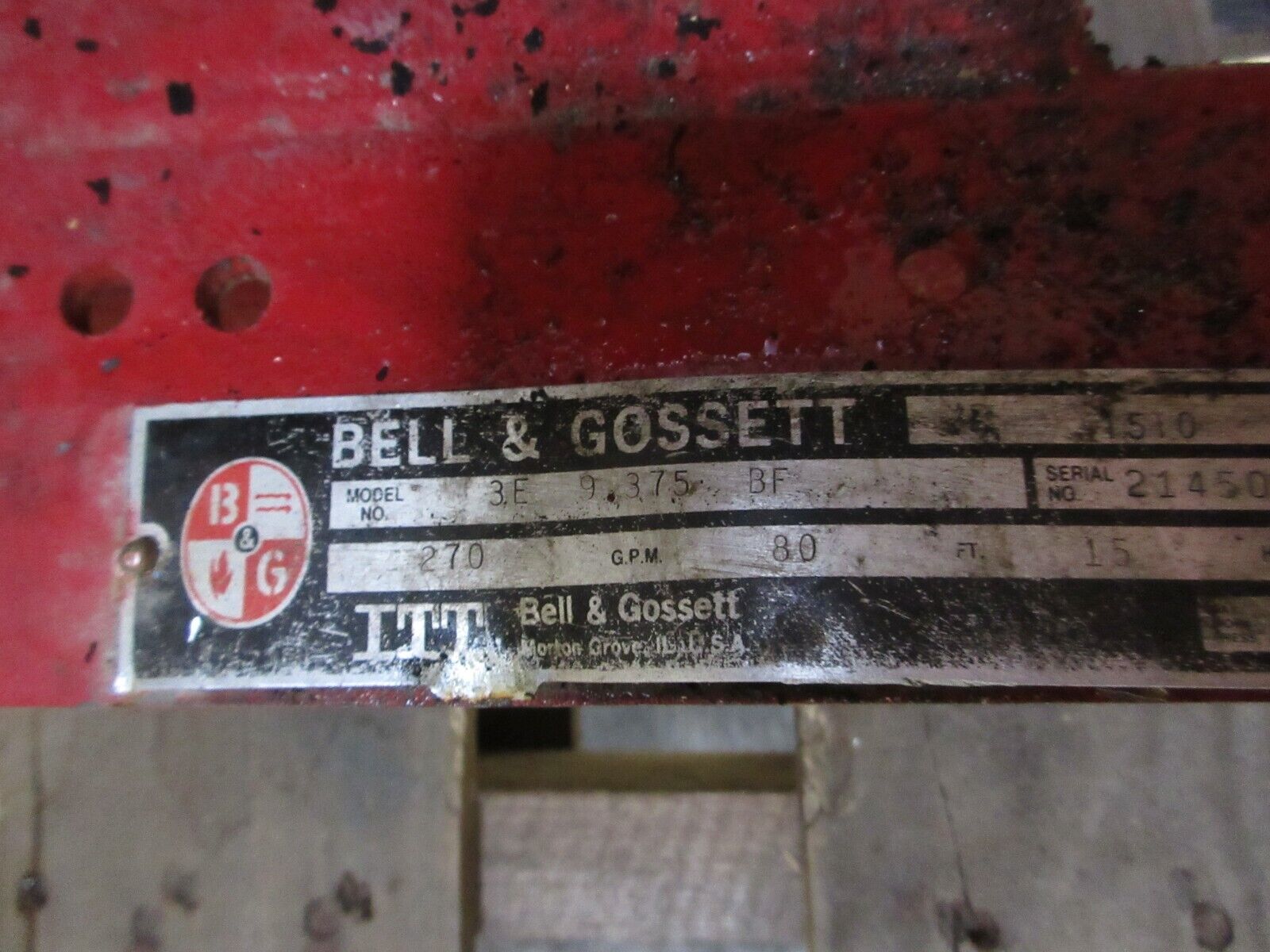 Bell & Gossett 1510 Pump 3E 9.375 BF 15HP 80FT Head 270GPM 1800RPM Used