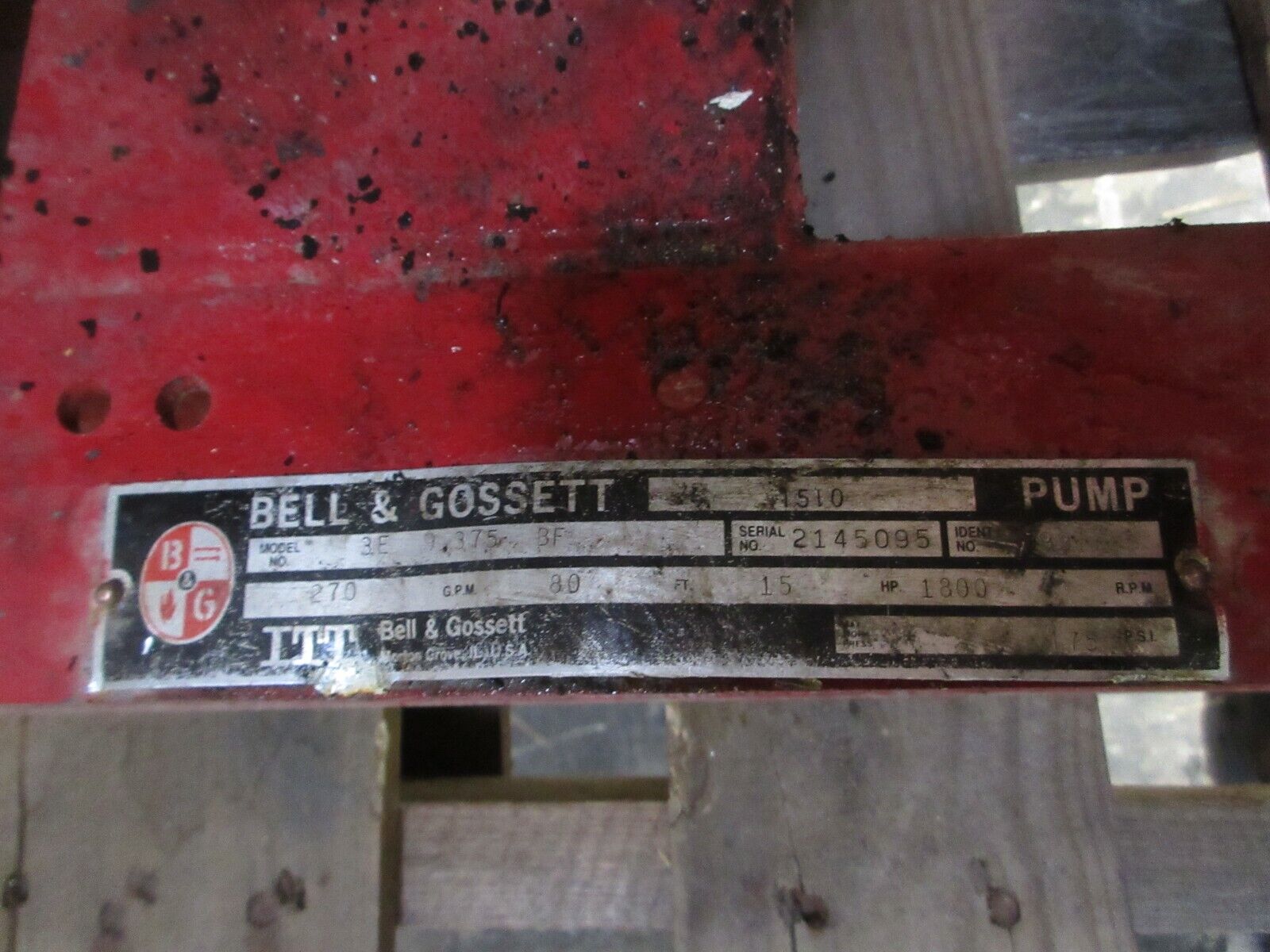 Bell & Gossett 1510 Pump 3E 9.375 BF 15HP 80FT Head 270GPM 1800RPM Used