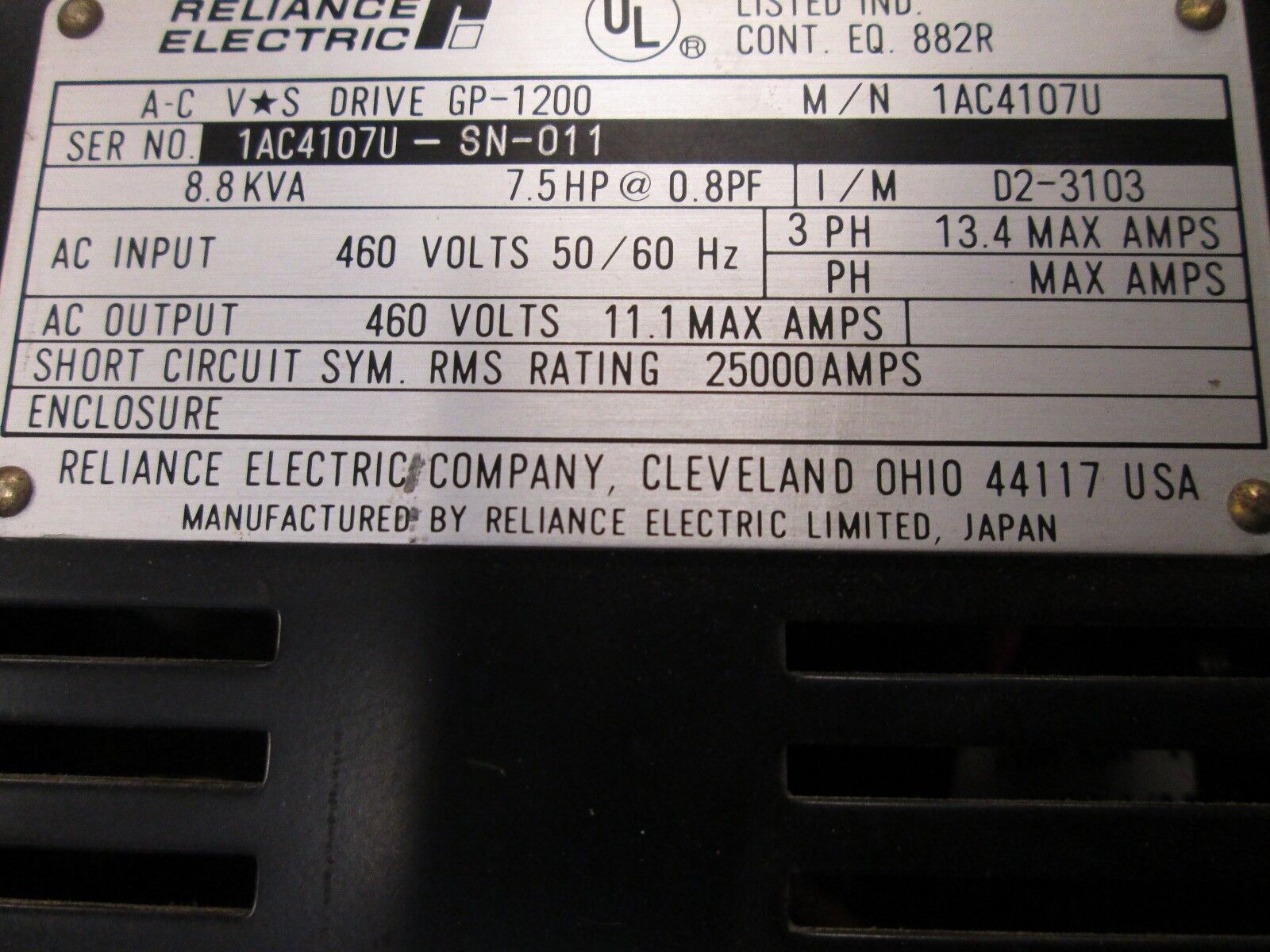 Reliance VS AC Drive 1AC4107U 7.5HP Used