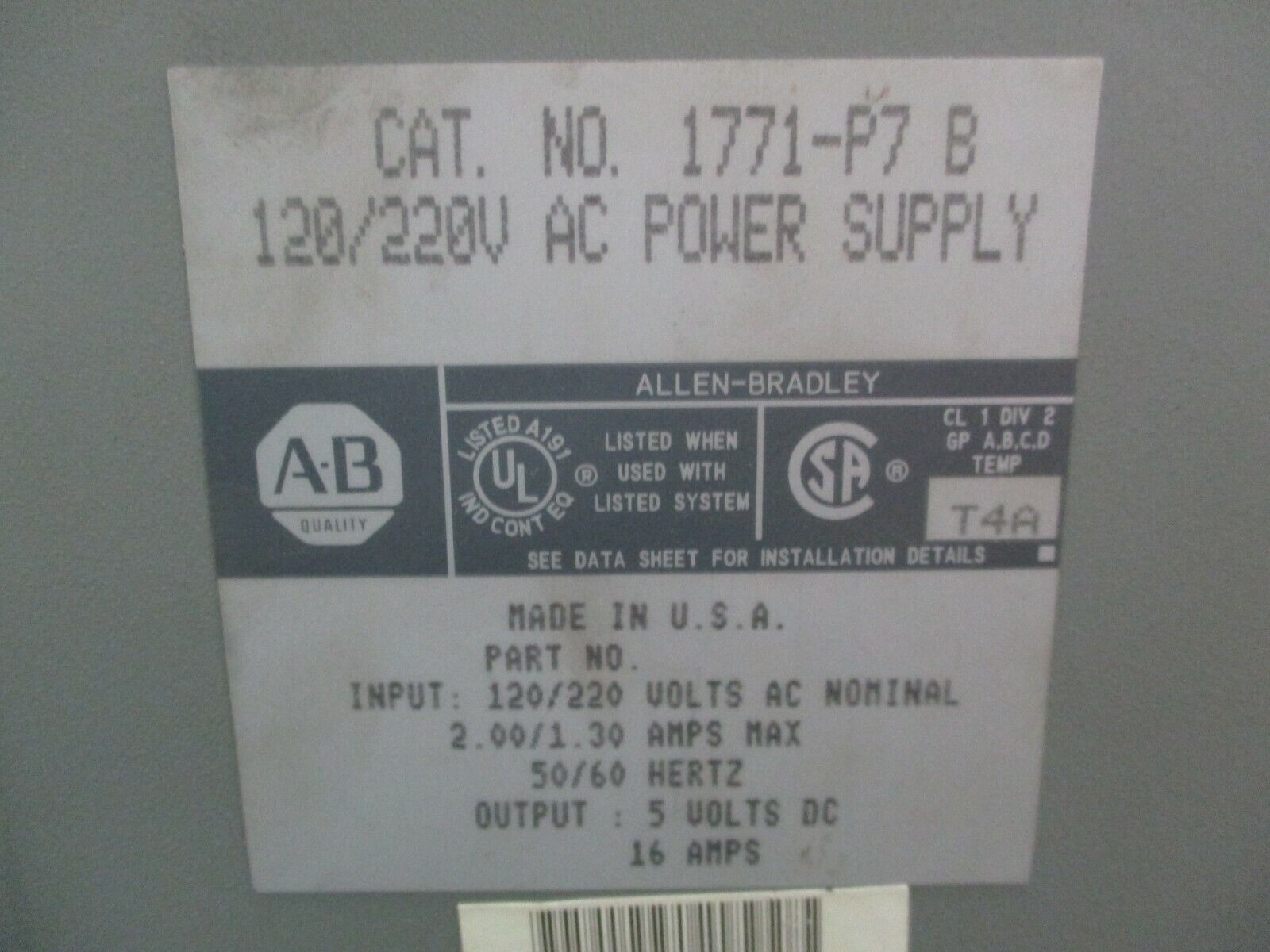 Allen-Bradley Power Supply 1771-P7 B Used