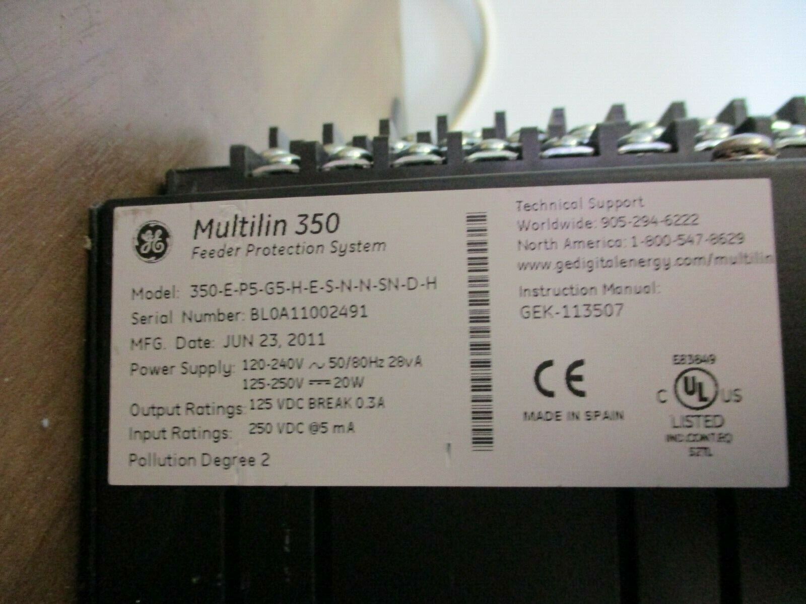 GE Multilin 350 Feeder Protection System 350-E-P5-G5-H-E-S-N-N-SN-D-H Used