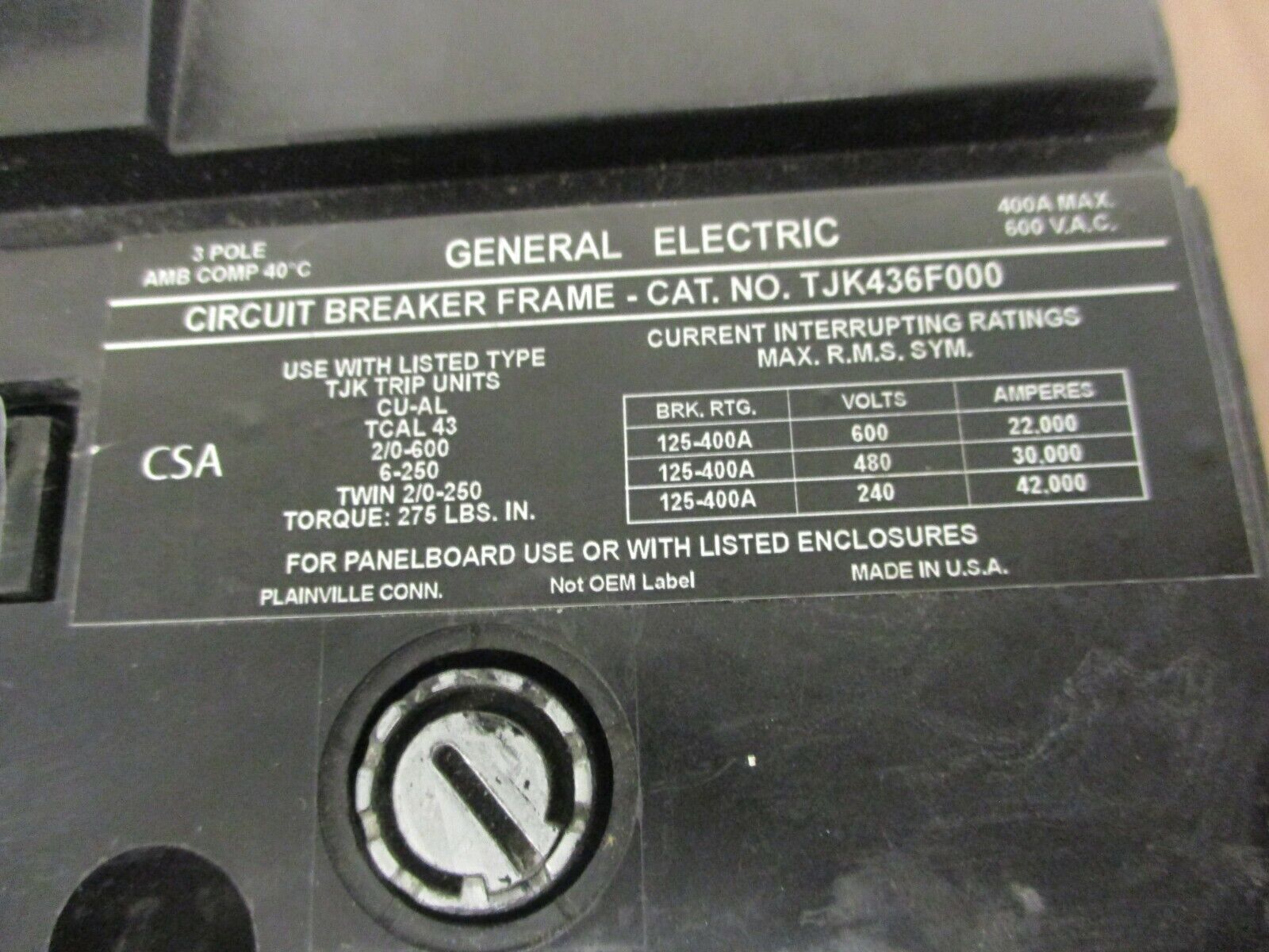 GE Circuit Breaker TJK436F000 400A 600V 3Ph Used