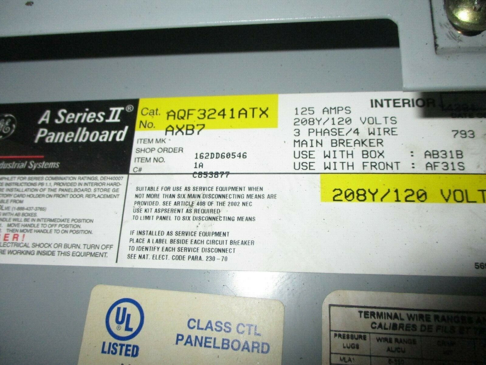 GE Main Breaker Circuit Breaker Panel AQF3241ATX 100A Main 125A Max 208Y/120V