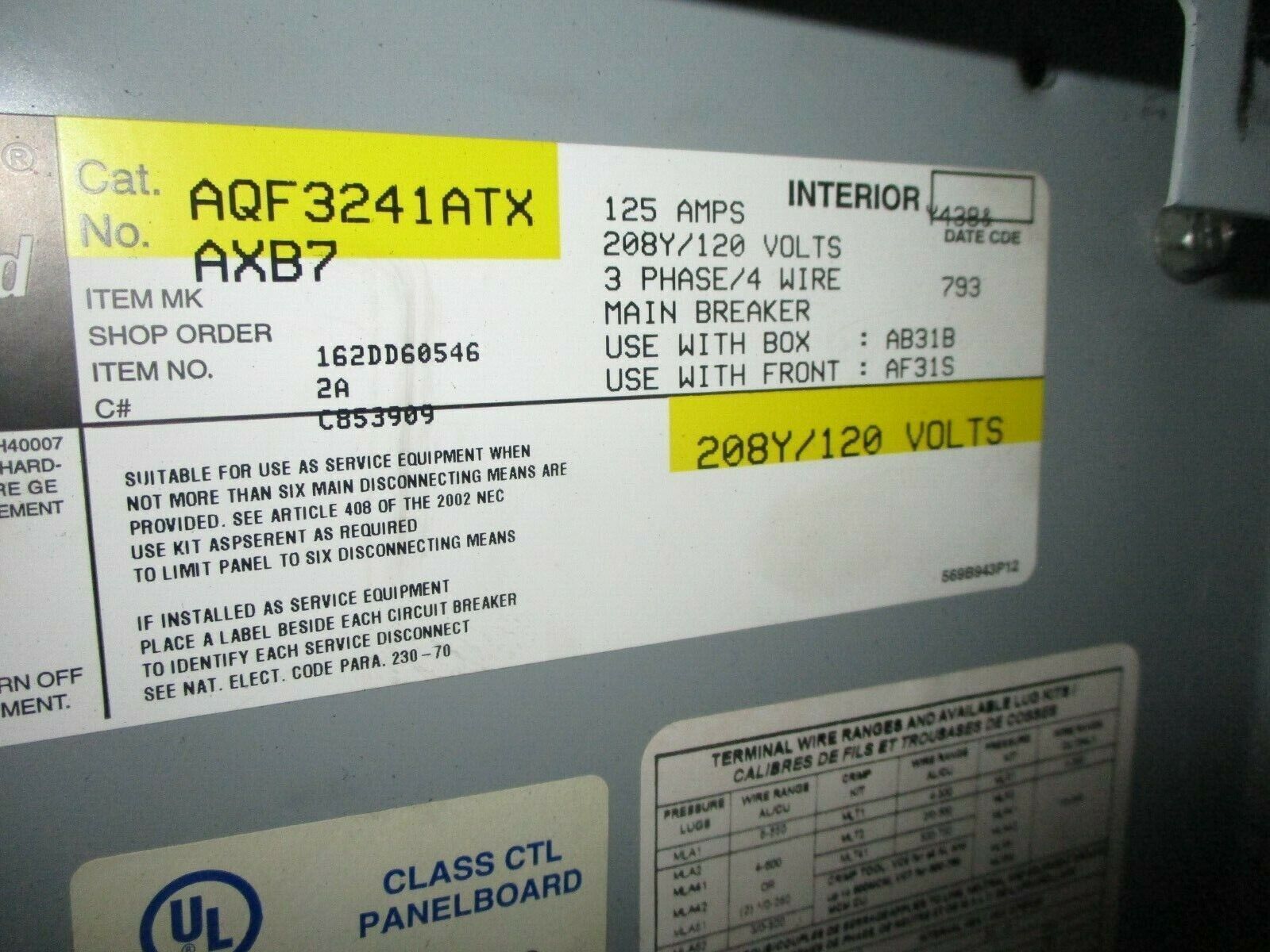 GE Main Breaker Circuit Breaker Panel AQF3241ATX 100A Main 125A Max 208Y/120V