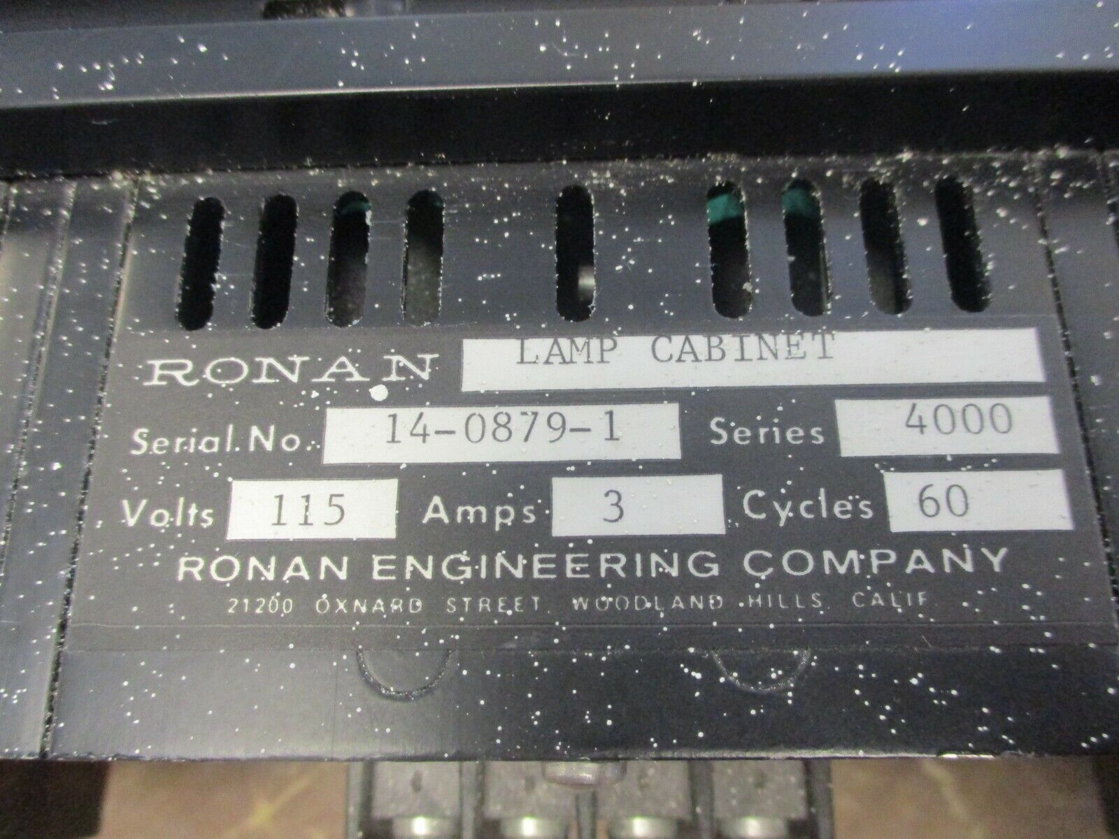 Ronan Lamp Cabinet Series 4000 115V 3A 60Hz Used **Missing (5) Terminal Screws**