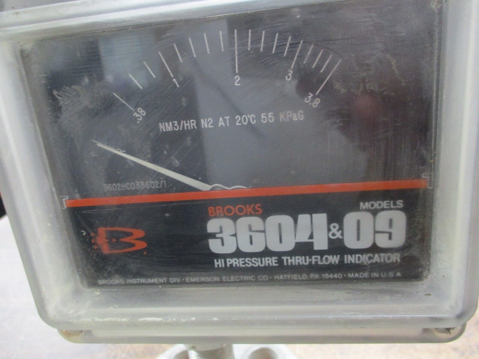 Brooks 3604 Hi Pressure Thru-Flow Indicator 3604EA1L2G1D Range:.38 - 3.8 Used
