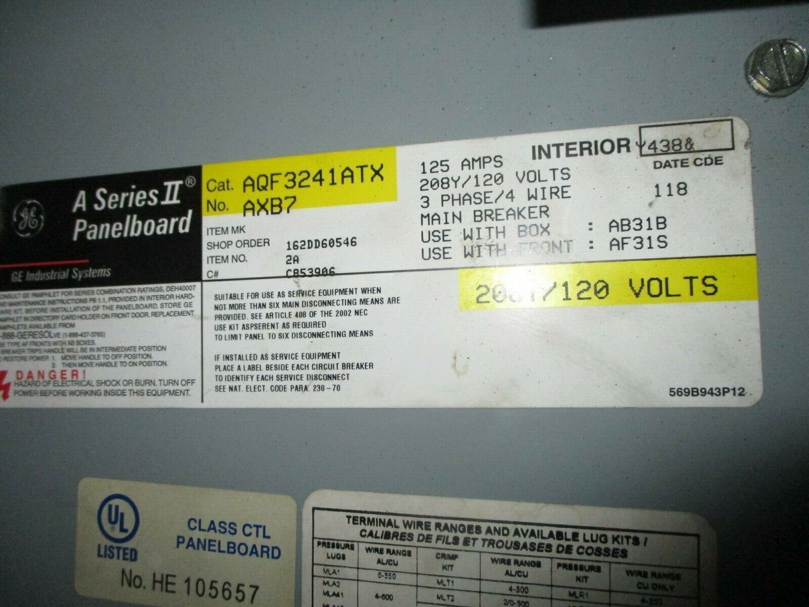 GE Main Breaker Circuit Breaker Panel AQF3241ATX 100A Main 125A Max 208Y/120V