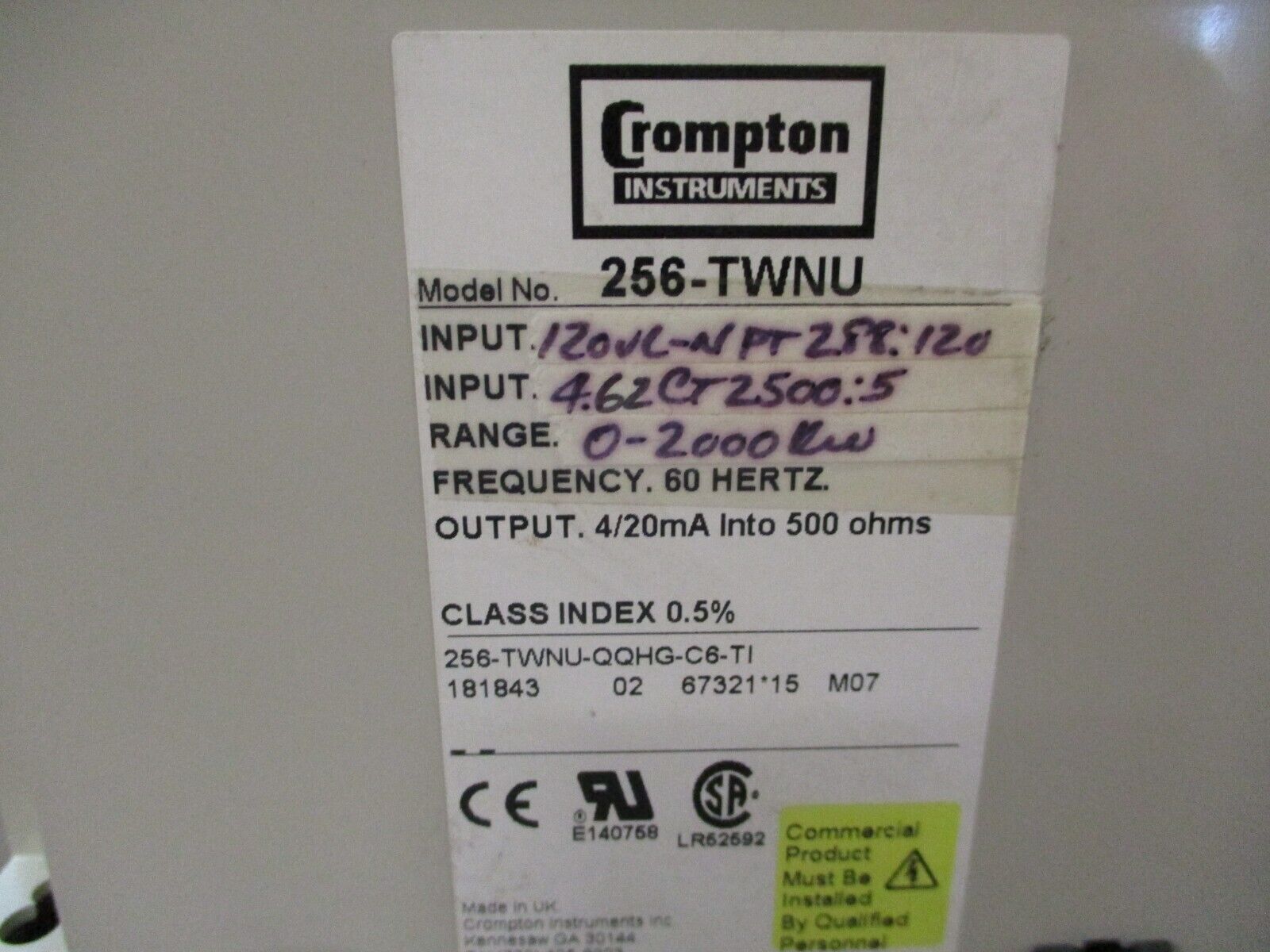 Crompton Paladin Transducer 256-TWNU-QQHG-C6-TI 120V PT: 288:120 CT: 2500:5 Used
