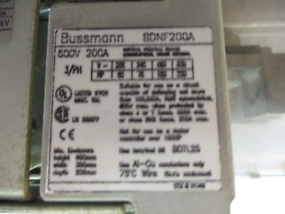 Bussmann Non-Fusible Disconnect Switch BDNF200A 200A 600V 3Ph Used