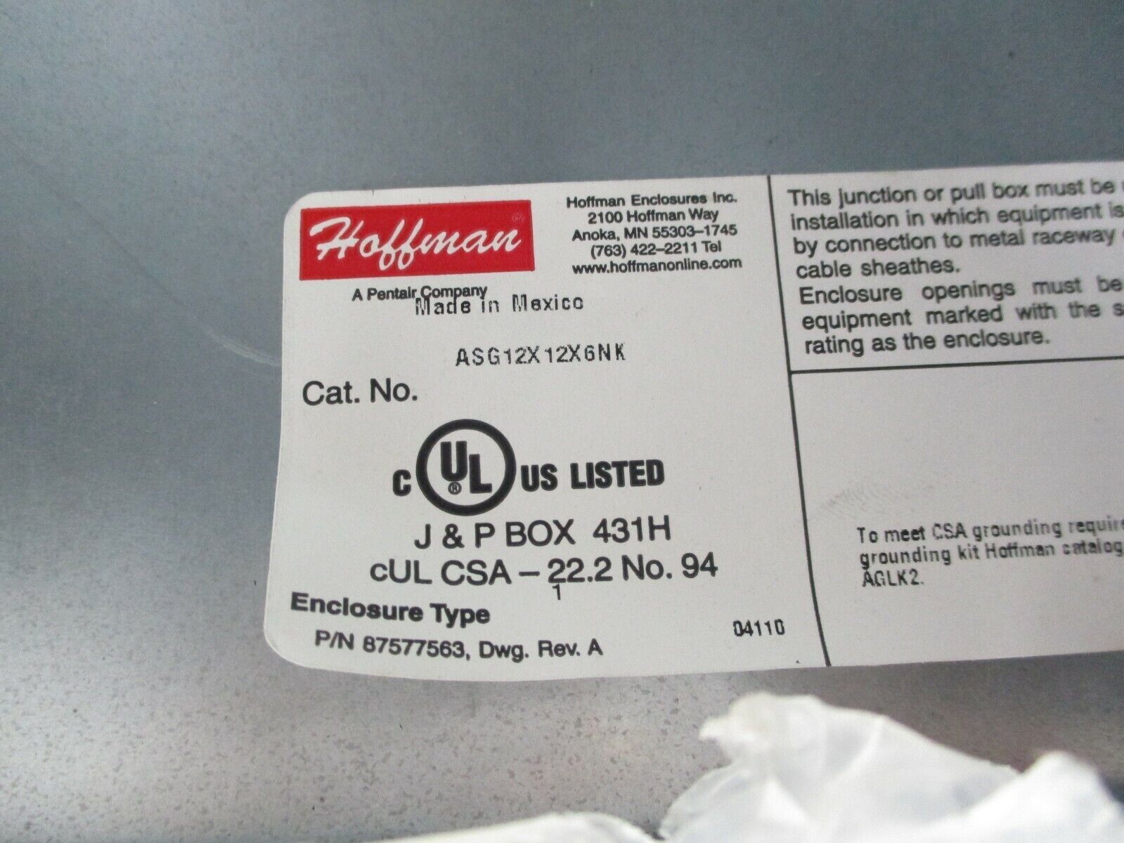 Hoffman SCR CVR Pullbox ASG12X12X6NK Size: 12x12x6" New Surplus