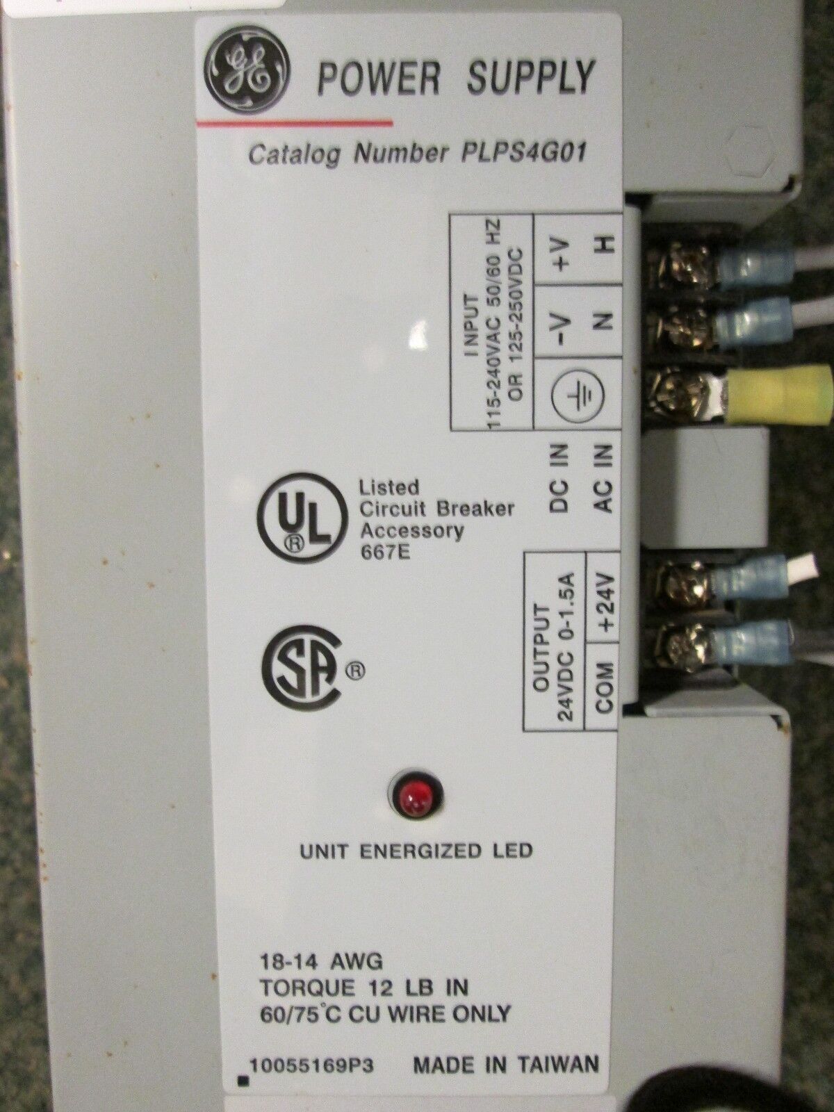 GE Power Supply PLPS4G01 Input: 115-240VAC 125-250VDC Output: 24VDC 0-1.5A Used