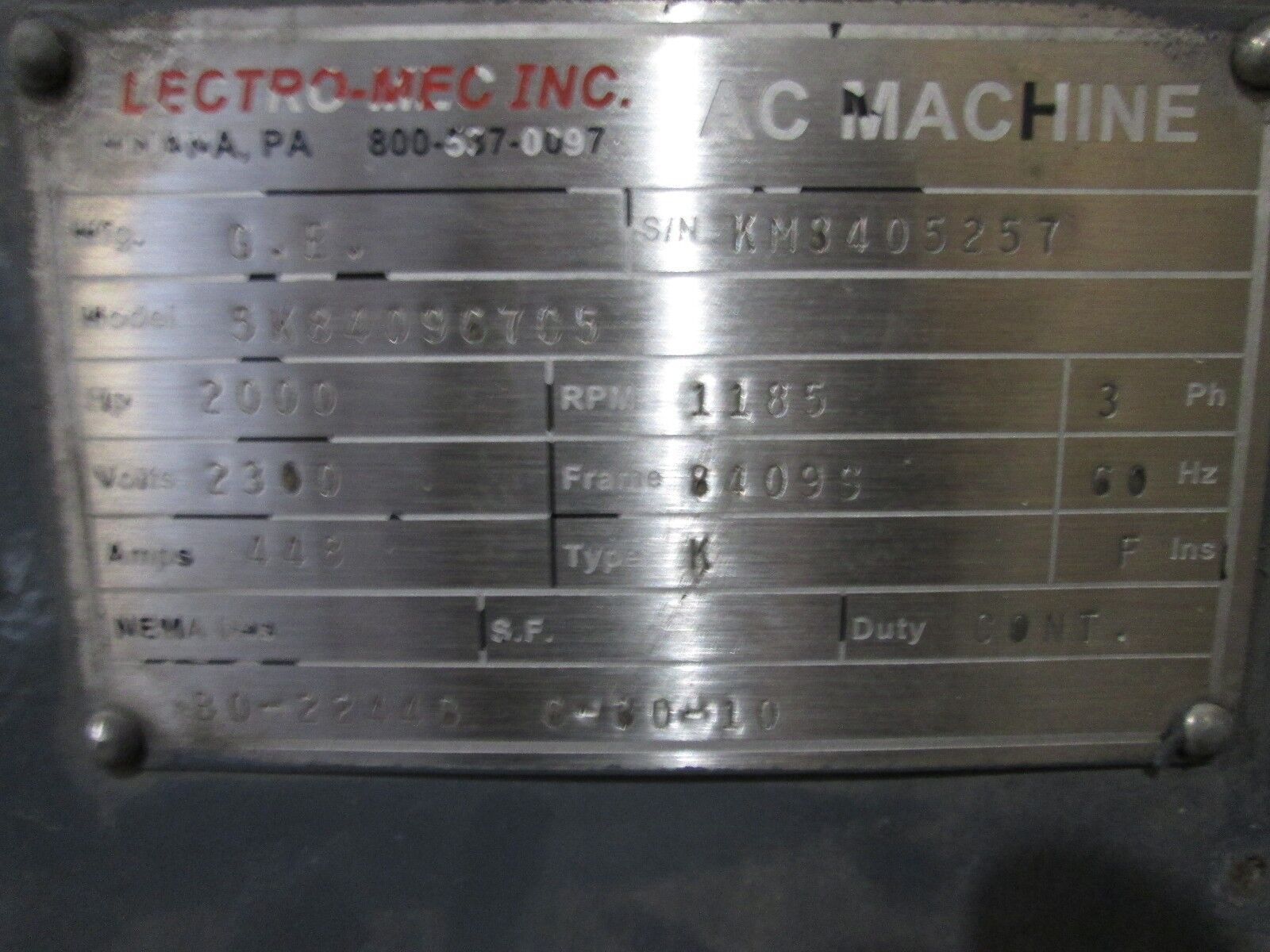 GE Motor 5K840967C5 2000HP 1200RPM 8409S Frame 2300V 448A Used