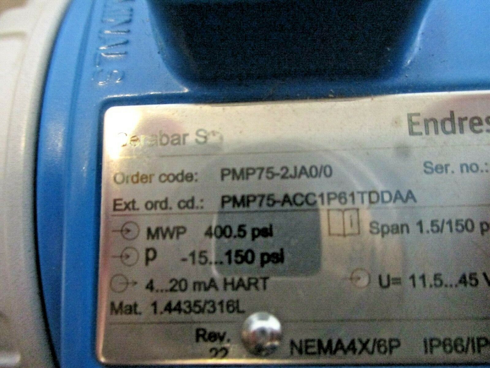 Endress + Hauser Cerabar S Pressure Transmitter PMP75-2JA0/0 Rev. 22 Nema 4X/6P