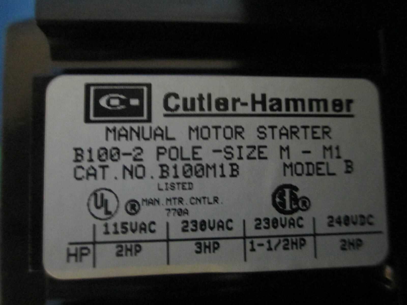 Cutler-Hammer AC Manual Starter B100S1B Size M-1 1PH New Surplus