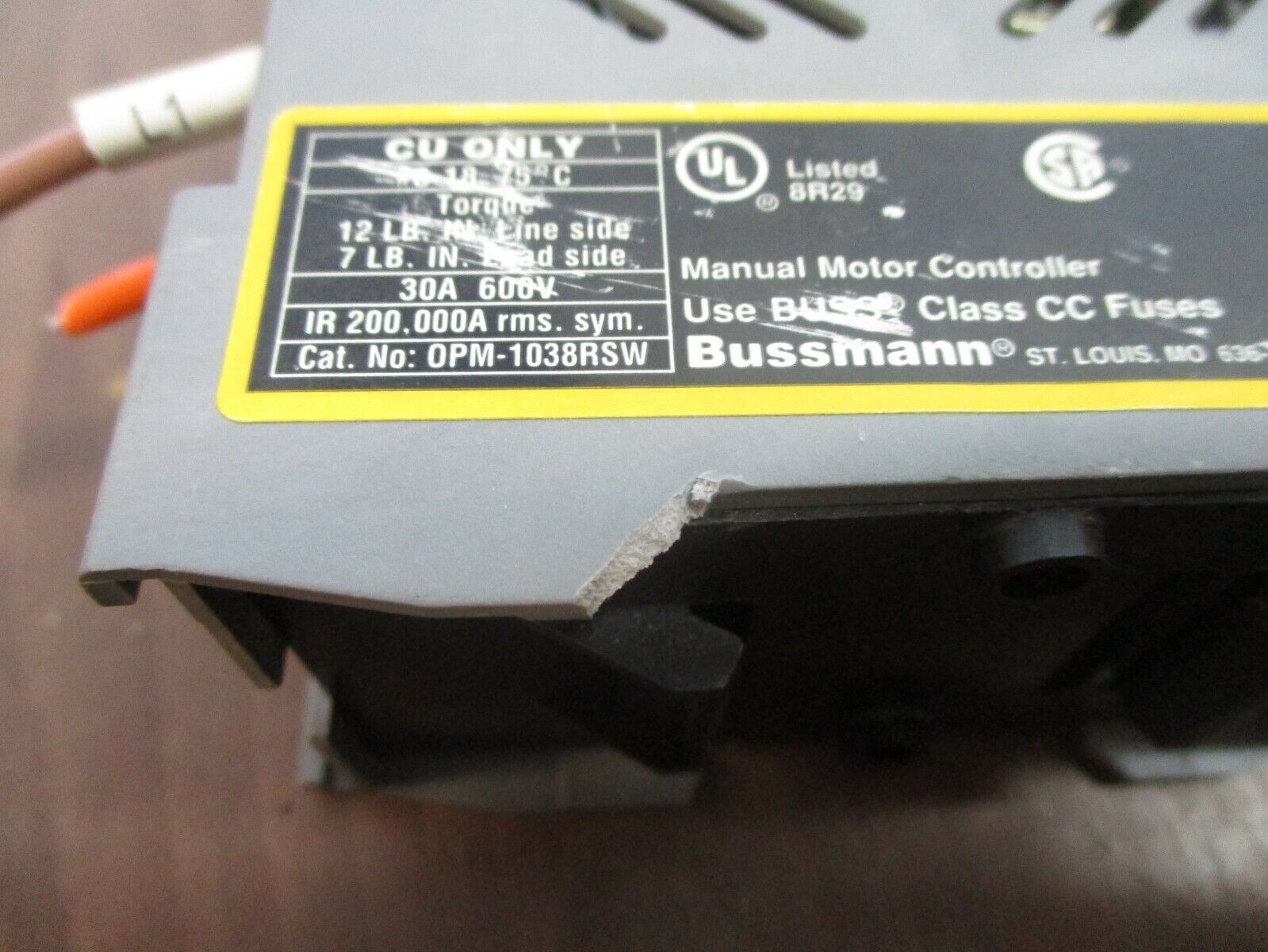 Bussman Optima Motor Protector OPM-1038RSW 30A 600V *Broken Plastic* Used