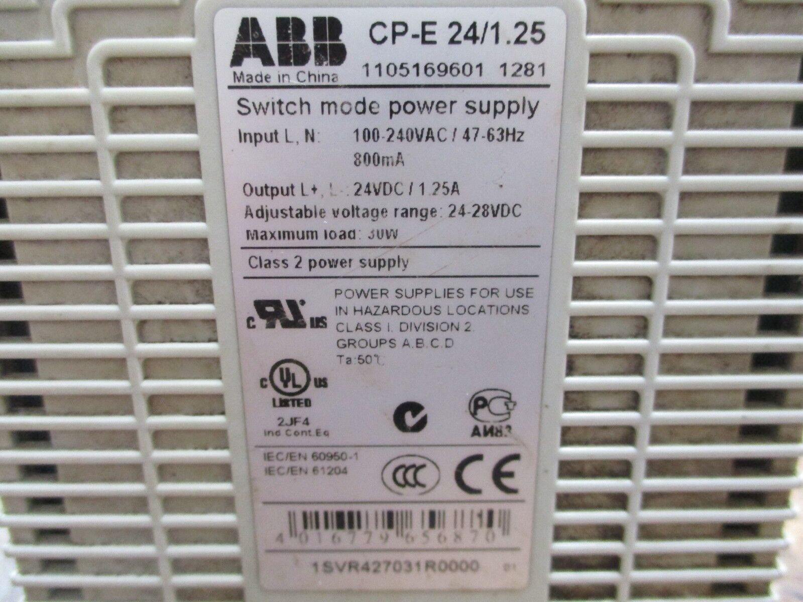 ABB Power Supply CP-E 24/1.25 Input: 100-240VAC Output: 24VDC, 1.25A Used