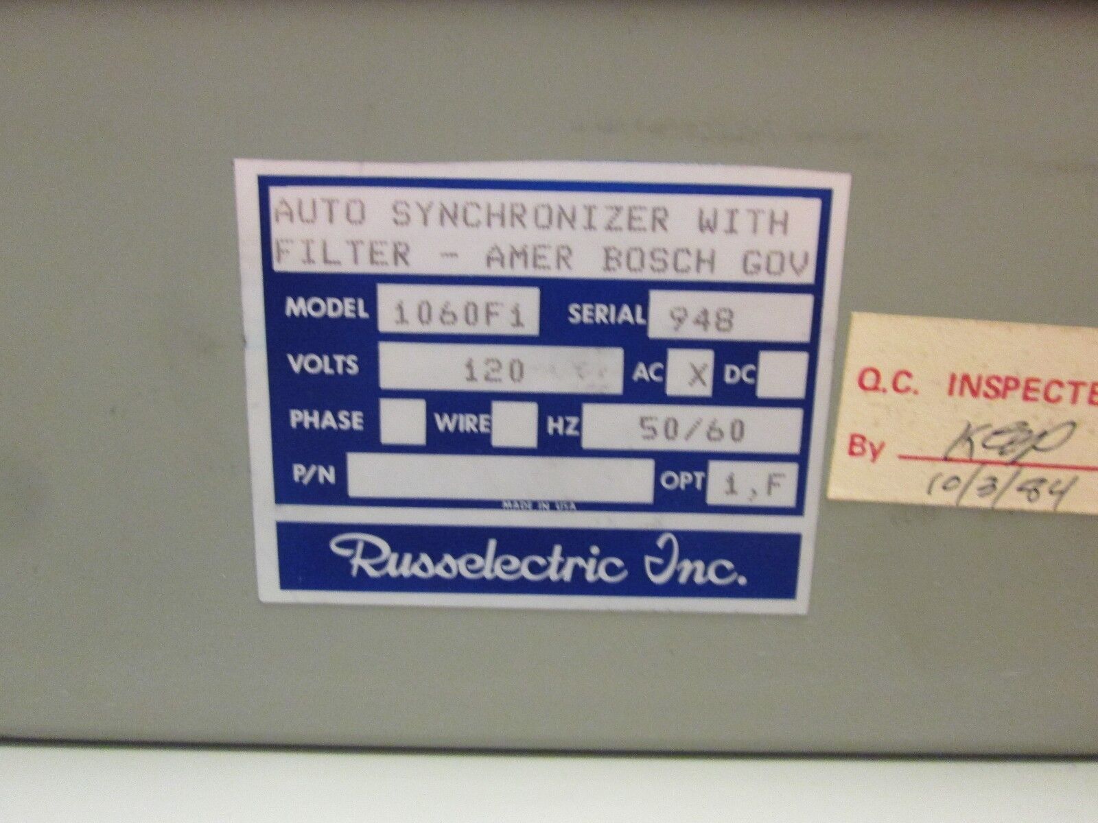 Russelectric Model 1060 Auto Synchronizer 1060F1 120V AC 50/60 Hz