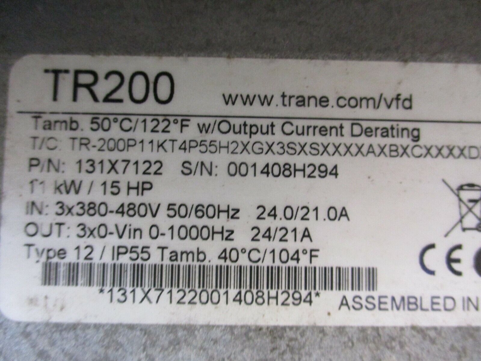 Trane TR200 AC Drive 131X7122 15HP 3Ph *No Keypad* Used