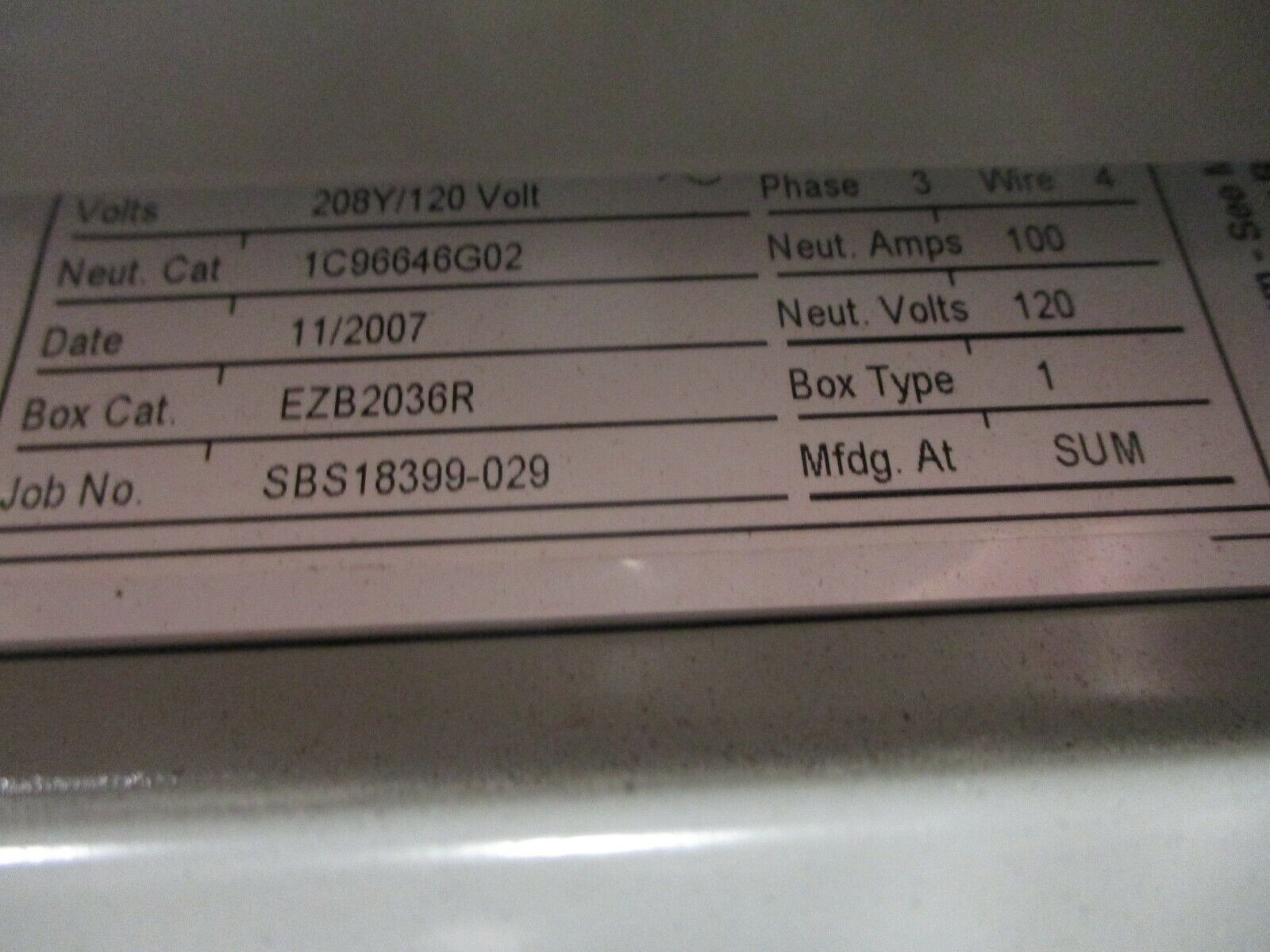 Eaton Main Lug Breaker Panel 1C96646G02 100A Max 208Y/120 3Ph 4W Used