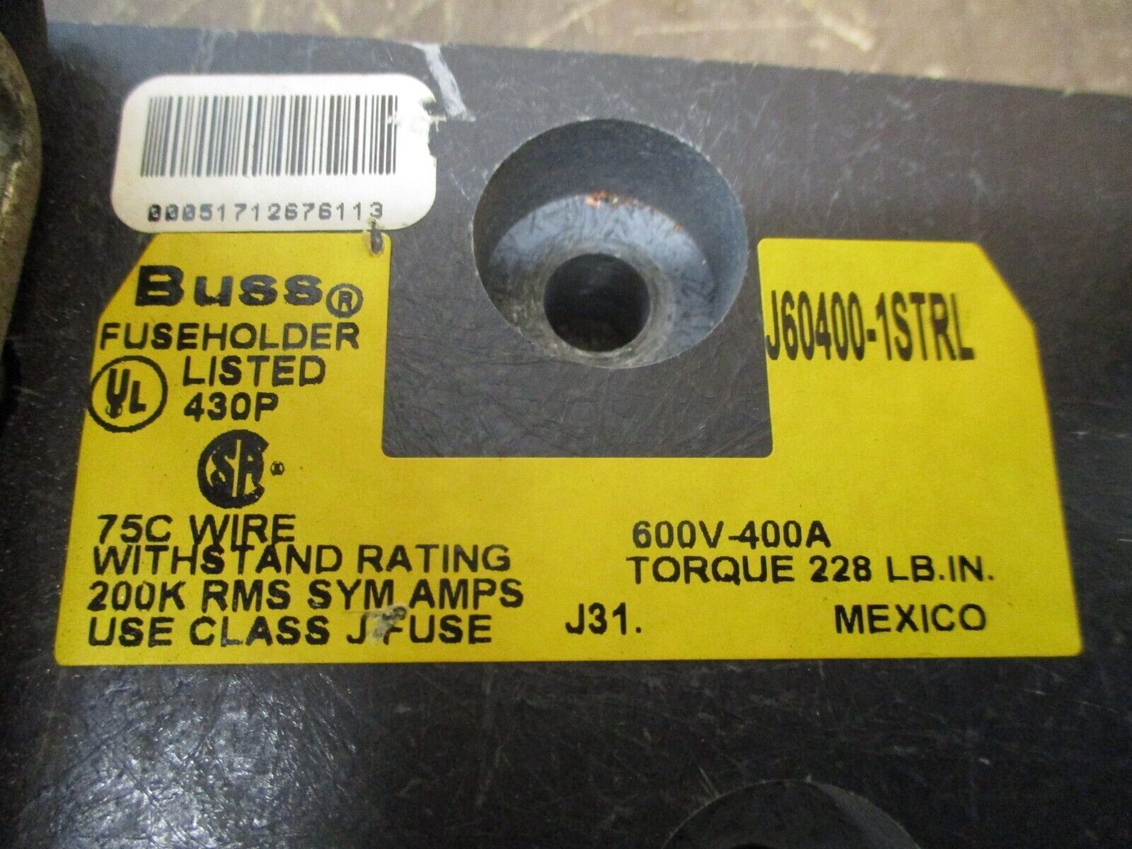 Buss Fuseholder J60400-1STRL 400A 600V 1P Class J Fuse Used