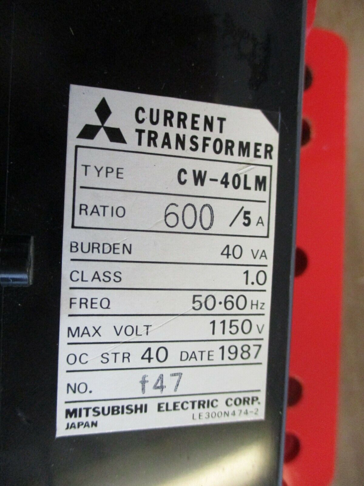 Mitsubishi Current Transformer CW-40LM Ratio 600:5A 40VA 50-60Hz 1150V Used