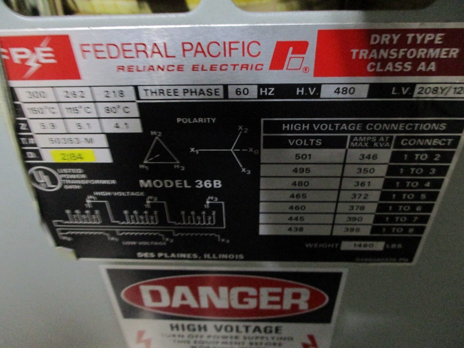 FPE Transformer 300KVA H.V. 480 L.V. 208Y/120V 3Ph 60Hz Used