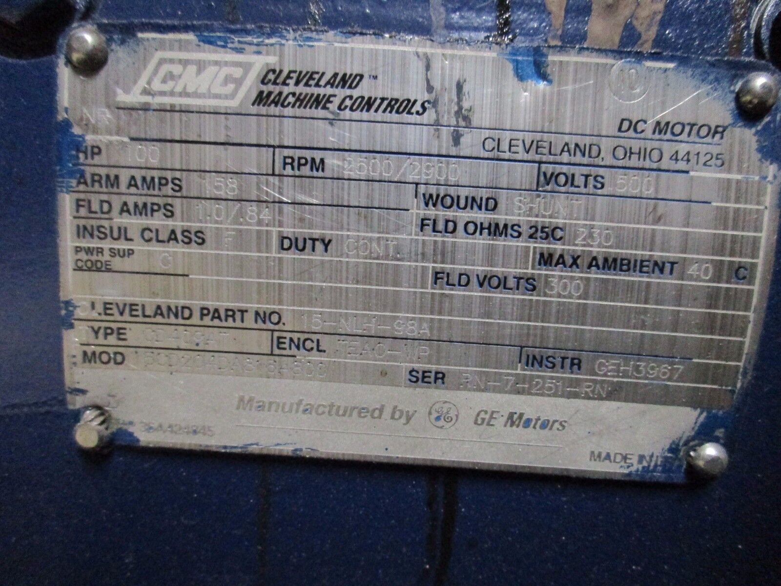 CMC DC Motor w/ Blower 15-NHL-98A 100HP 2500/2900RPM 500V TEAC-WP Enclosure Used