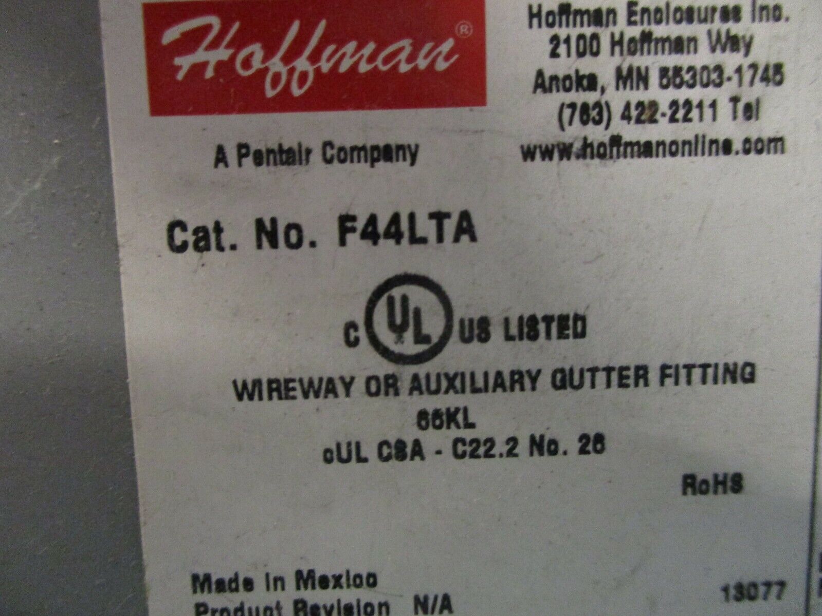 Hoffman Wireway Fitting F44LTA Size: 4" x 4" Used