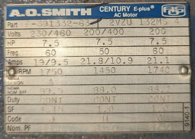 A.O Smith Motor F-391332-63 7.5HP 1800RPM 230/460V 19/9.5A 60Hz 3Ph Used