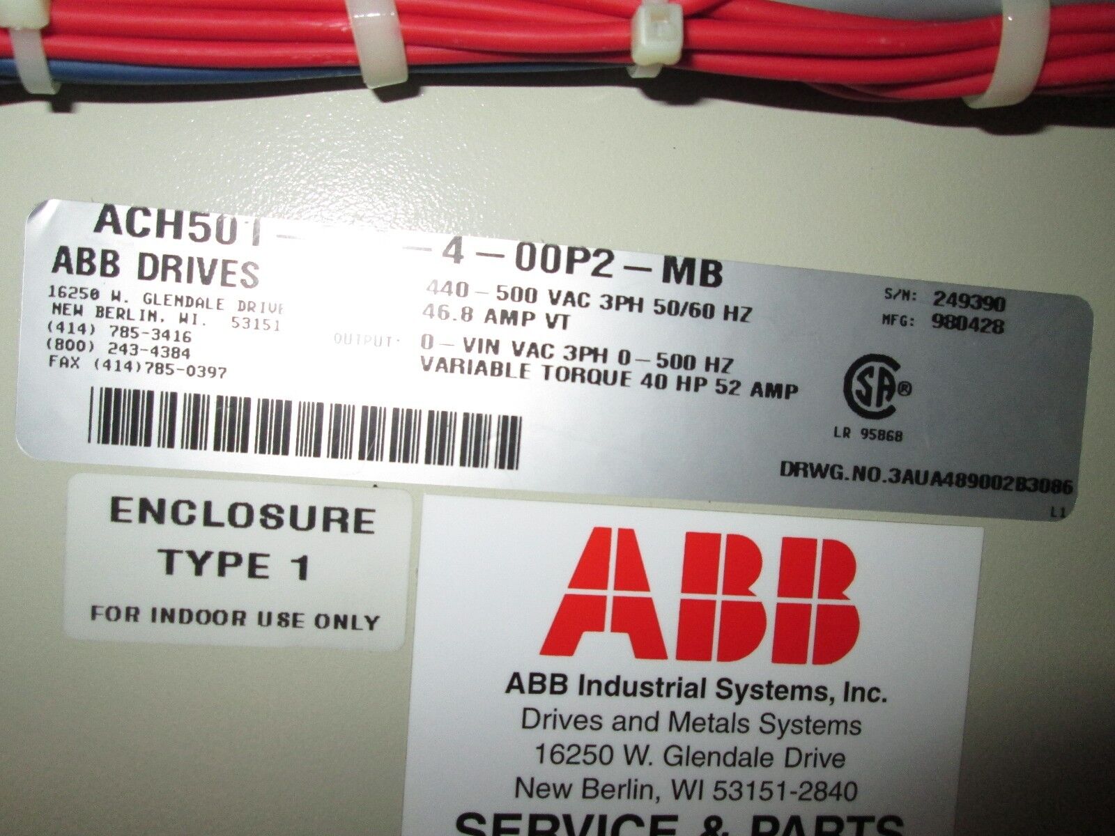 ABB ACH 501 AC Drive w/ Bypass ACH501-040-4-00P2-MB 40HP 3Ph Used