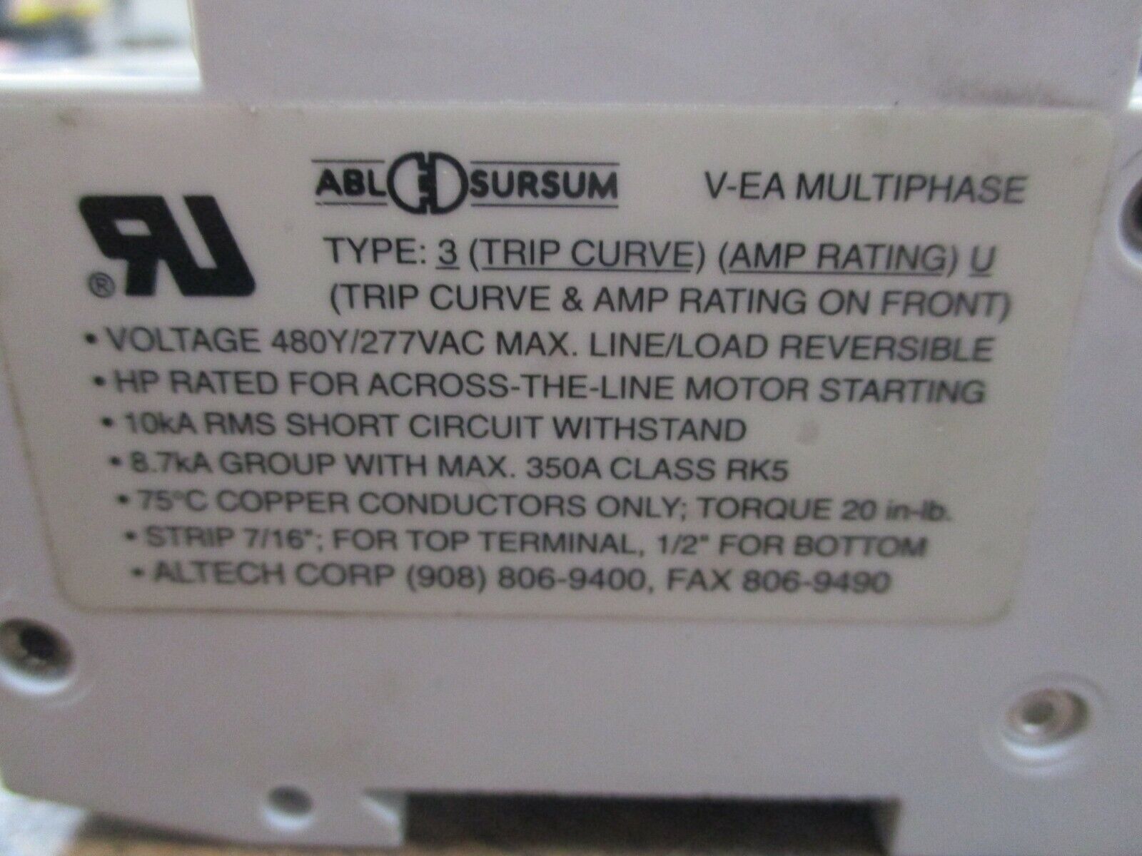 Altech Sursum Circuit Breaker G2A V-EA53 2A 480Y/277V 3P Used