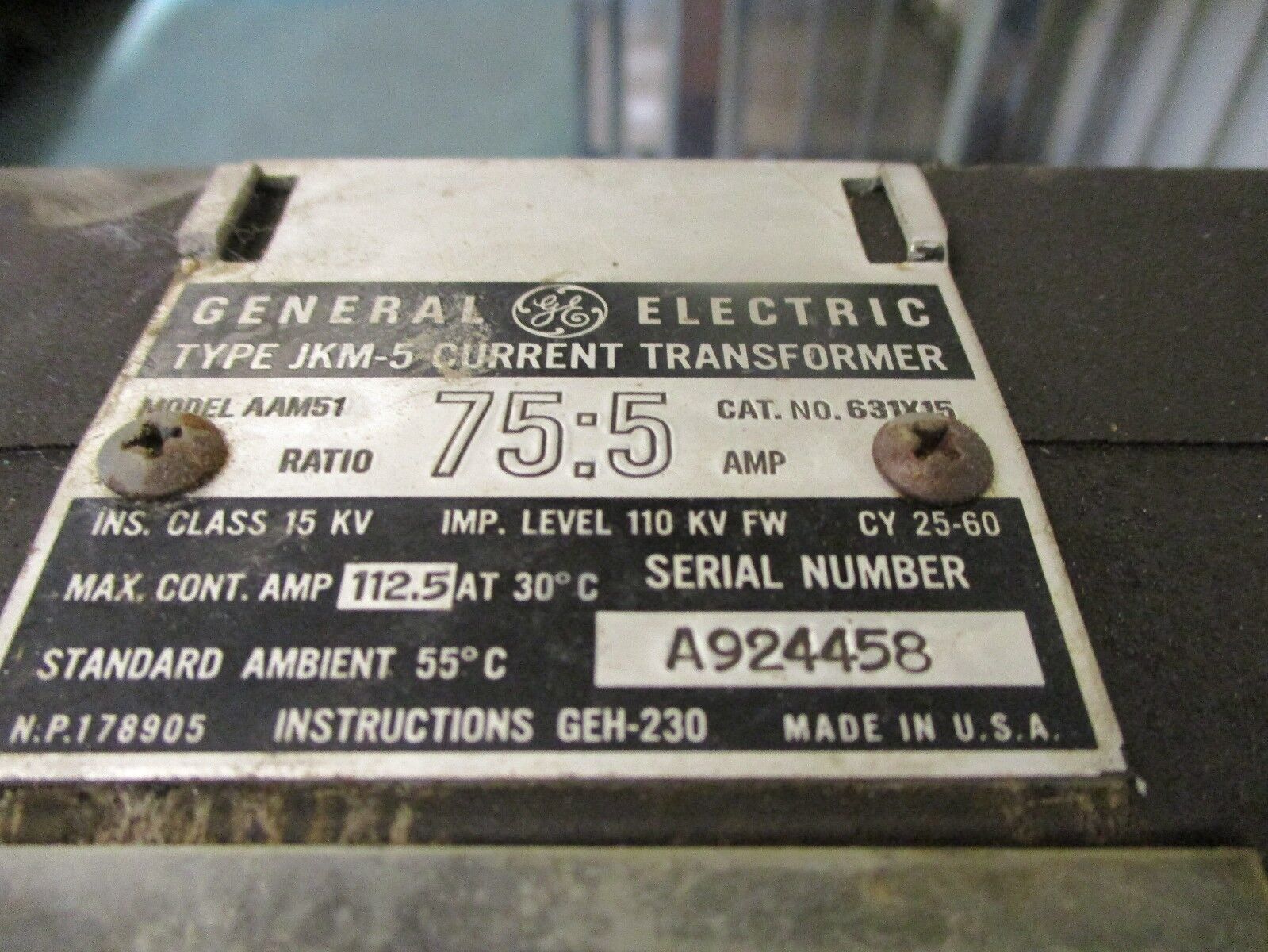 GE Type JKM-5 Current Transformer 631X15 Ratio 75:5A 25-60Hz Used