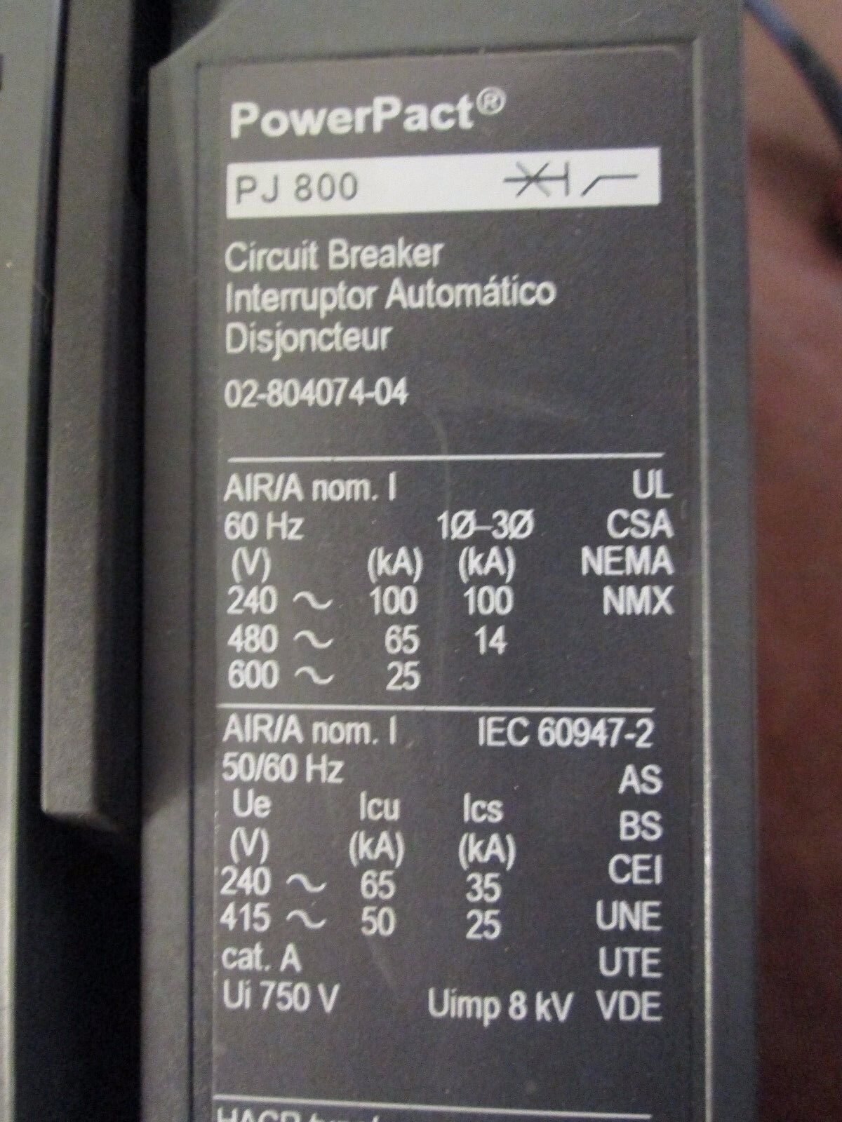 Square D Power Pact Circuit Breaker PJ 800 800A 600V Micrologic 3.0 Trip Used