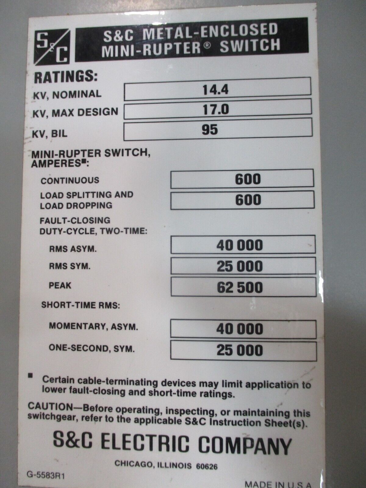 S&C Enclosed Mini-Rupter Disconnect Switch 90632-X1KG3 600A 14.4kV Used
