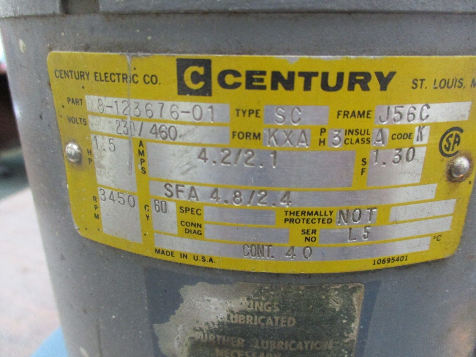 Century AC Motor 8-123676-01 1.5HP 3500RPM FR:J56C 230/460V 4.2/2.1A Used