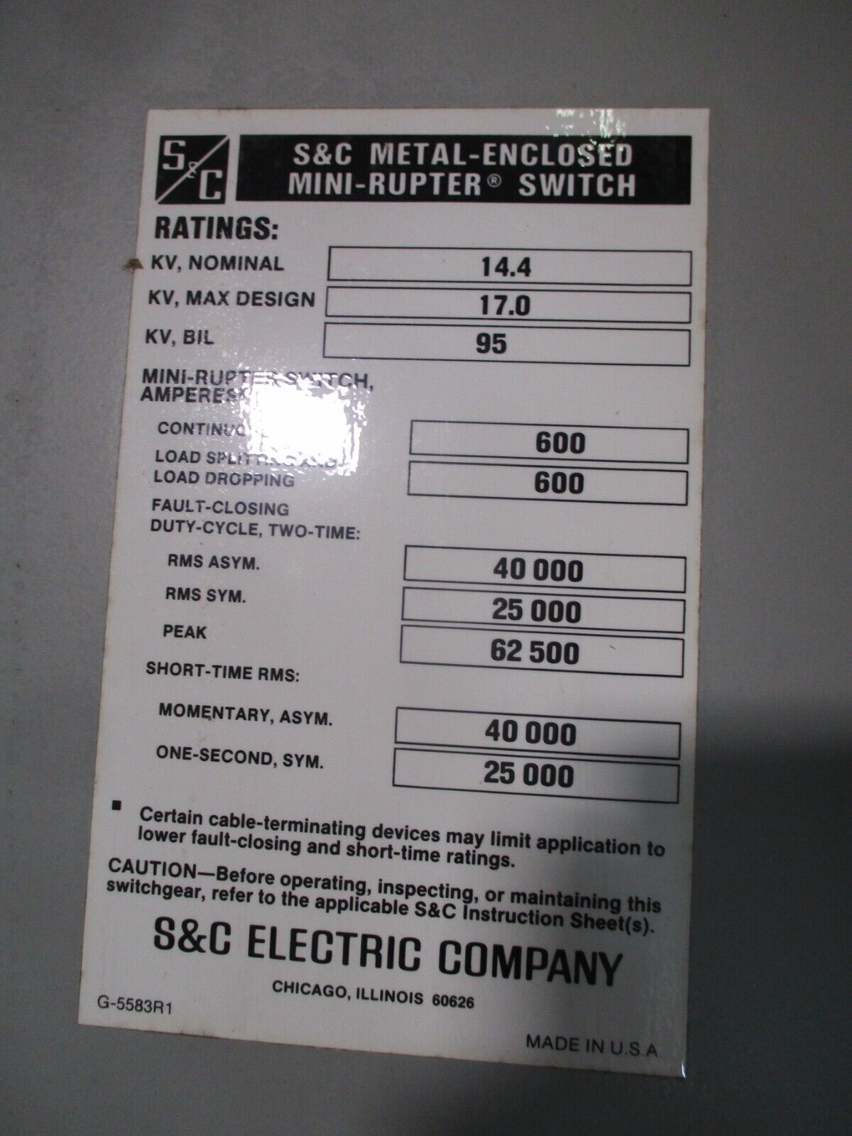 S&C Enclosed Mini-Rupter Disconnect Switch 90632-G3X1 600A 14.4kV Used